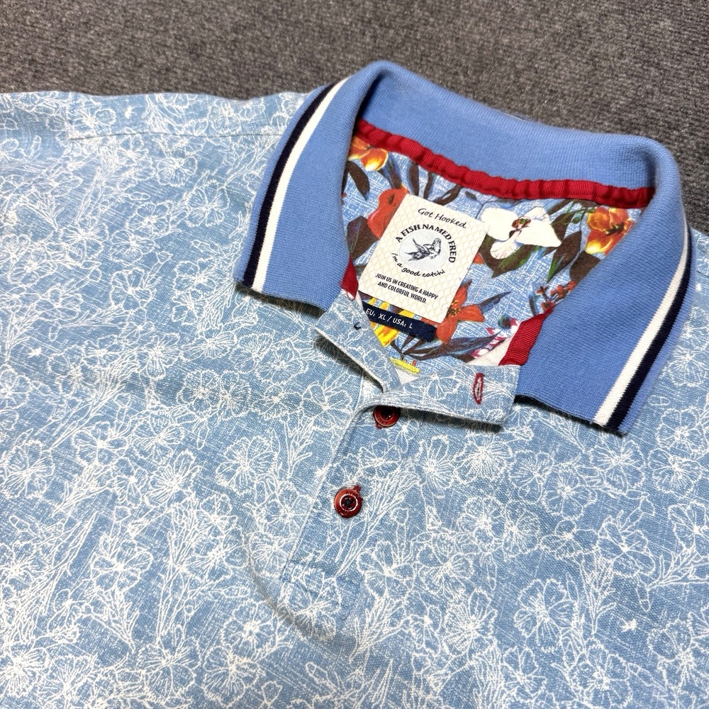 A‎ Fish Named Fred Polo Shirt Men L Floral AOP Print Hibiscus Resort Summer